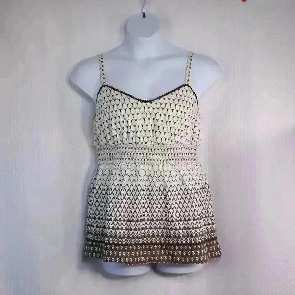 Elle Size XL 100% Cotton sweetheart neck brown/white strappy pom pom trim top